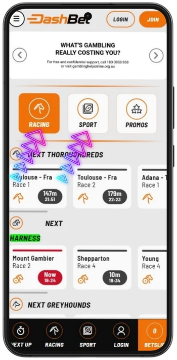 Racing and Sport section tabs on Dashbet