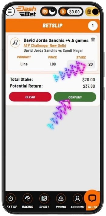 Entering stake and confirming bet in Dashbet bet slip