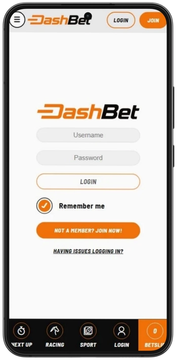 Dashbet login and registration page