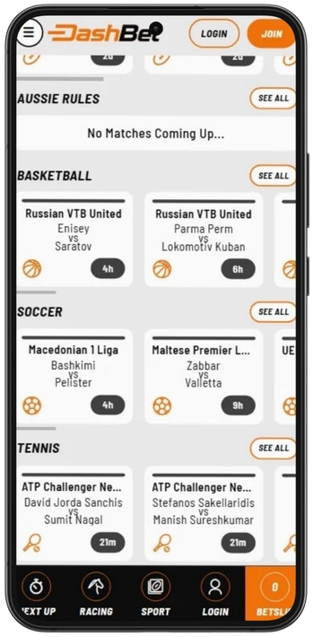 Selecting a race or sports event on Dashbet