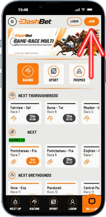 DashBet login button location on homepage