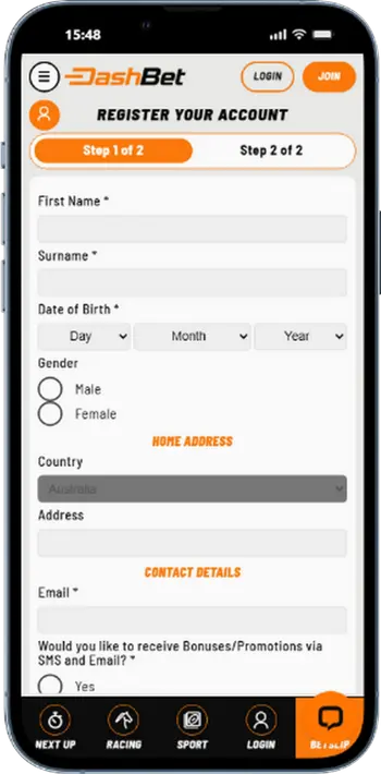 DashBet sign-in form credentials entry